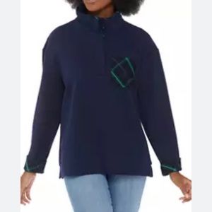 Crown & Ivy Harper Long Sleeve Button‎ Neck Pullover Plaid Pocket Navy Blue XL